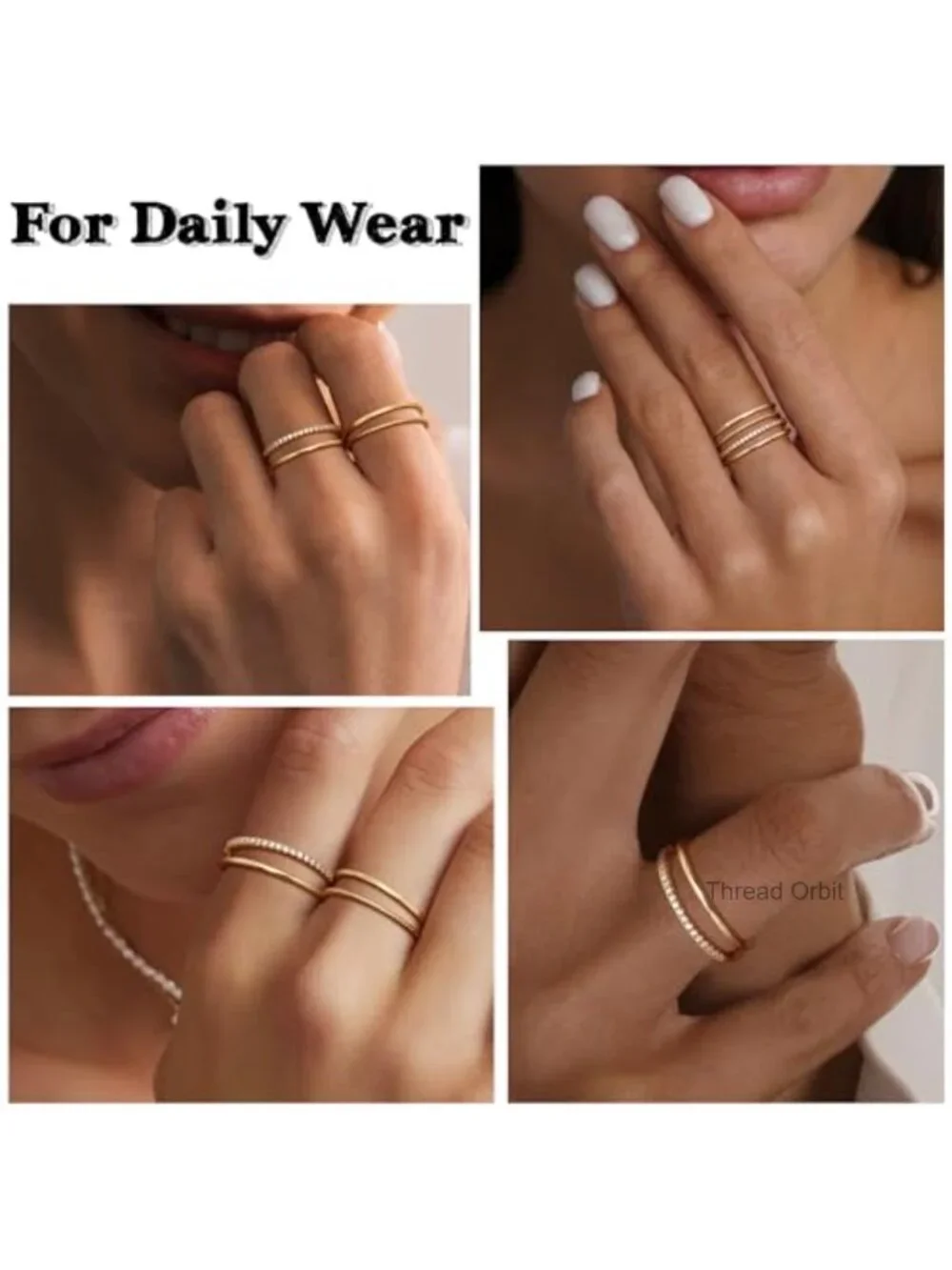 14K Gold Plated Half Cubic Zirconia Stacking Rings Set - Dainty Thin Band